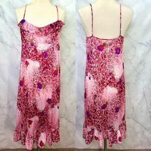 Vintage Vanity Fair Mod Slip Dress 38 L Retro Pink Floral Nylon Whimsical Ruffle